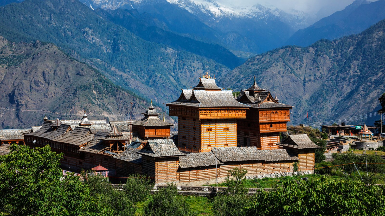 Bhimakali Temple dedicated to the mother goddess Bhimakali, Sarahan, Kinnaur, Himachal Pradesh, India. Traditional architecture of Himachal Pradesh - layers of woods are alternated with broken stones