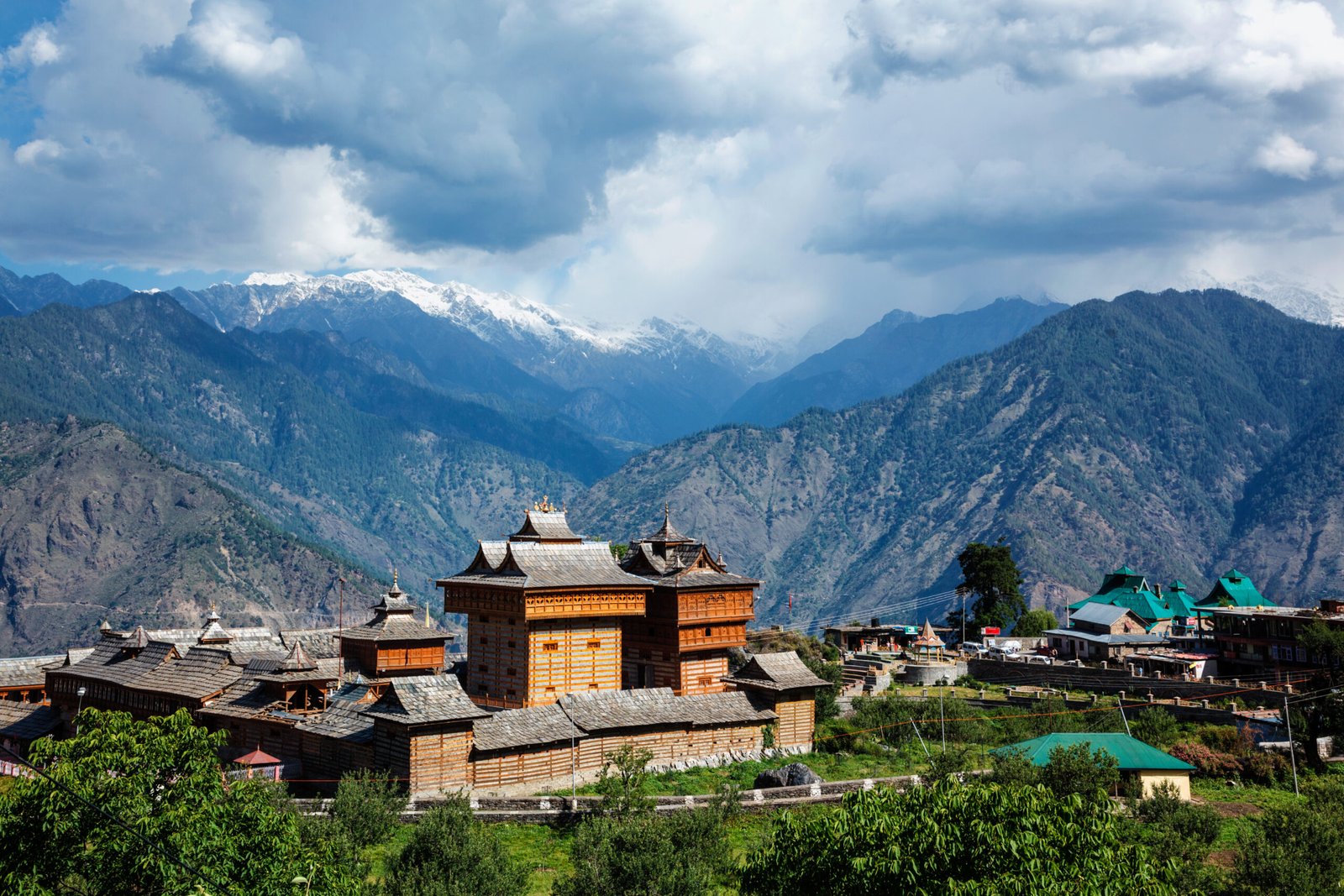 Bhimakali Temple dedicated to the mother goddess Bhimakali, Sarahan, Kinnaur, Himachal Pradesh, India. Traditional architecture of Himachal Pradesh - layers of woods are alternated with broken stones