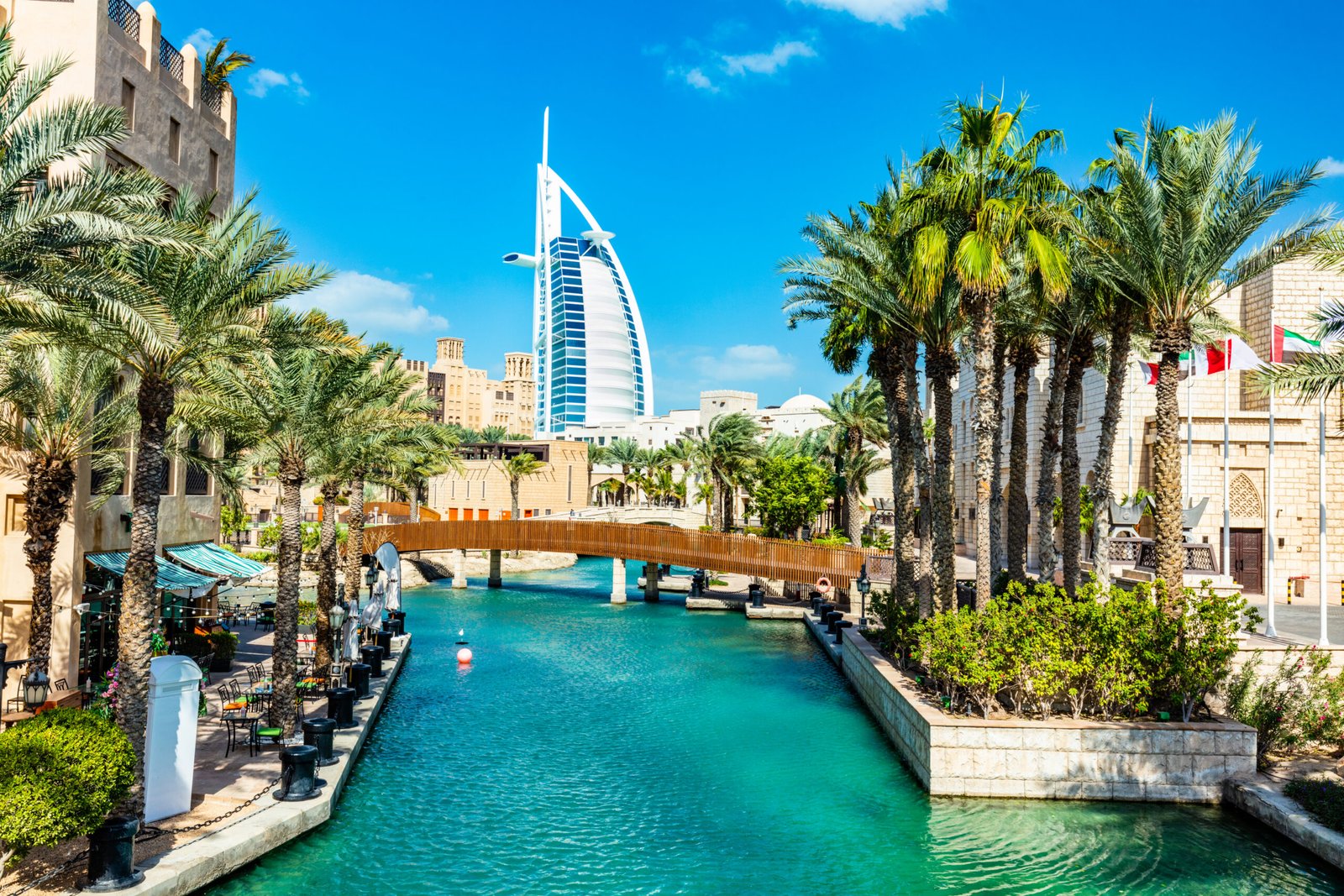Burj Al Arab seen from madinat jumeirah in Dubai UAE. Traditional Arabian mini city